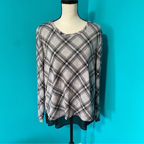 Bobeau M Pink Black Plaid Sweater Chiffon Trim Bow Back Top - Picture 3 of 5